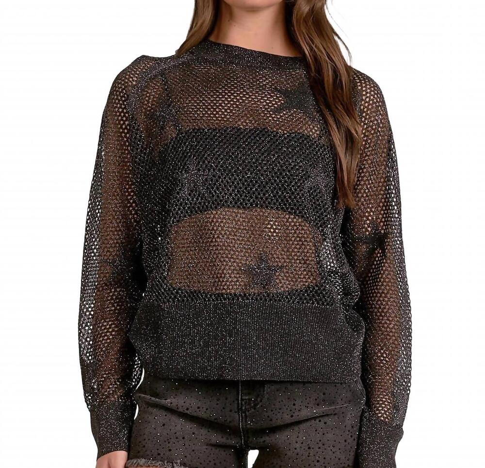 NEW ELAN mesh star crewneck sweater in silver